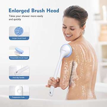 Back Scrubber for Shower, KIWIHOME Back Washer Body Brush, Silicone Body Scrubber with Long Handle Cleans Body Easily for All Skin, 2 Sponges Makes More Bubbles (Blue)