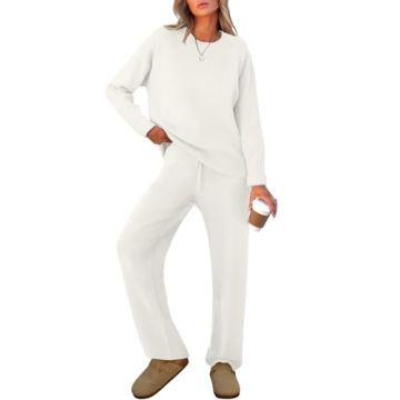 Caracilia Women's 2 Piece Outfits Sweater Sets Striped Oversized Sweaters Knit Wide Leg Pant Lounge ...