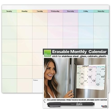 M.C. Squares Dry Erase Monthly Calendar | Erasable White Board Cling to Stainless Steel Fridge, Glass Window, Mirror, Cabinets | Home, Office, School | with Wet Erase Marker | 13.5” x 12” | USA Made