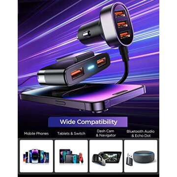 5-in-1 Car USB Charger Multi Port, 12V Car Phone Charger Adapter for Multiple Devices, Car Cigarette Lighter USB Charger with 5FT Extension Cable for Back Seat Charging