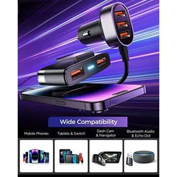 5-in-1 Car USB Charger Multi Port, 12V Car Phone Charger Adapter for Multiple Devices, Car Cigarette Lighter USB Charger with 5FT Extension Cable for Back Seat Charging