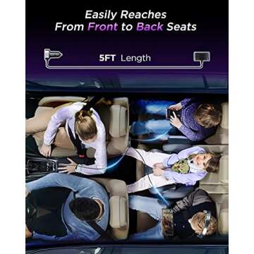 5-in-1 Car USB Charger Multi Port, 12V Car Phone Charger Adapter for Multiple Devices, Car Cigarette Lighter USB Charger with 5FT Extension Cable for Back Seat Charging