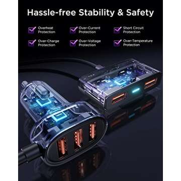 5-in-1 Car USB Charger Multi Port, 12V Car Phone Charger Adapter for Multiple Devices, Car Cigarette Lighter USB Charger with 5FT Extension Cable for Back Seat Charging