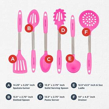 Culinary Couture 6-Piece Stainless Steel & Silicone Kitchen Utensils Set, Silicone Cooking Utensils, Heat Resistant Kitchen Cooking Utensils Set, Pink