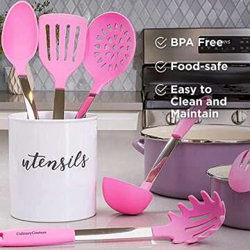 Culinary Couture 6-Piece Stainless Steel & Silicone Kitchen Utensils Set, Silicone Cooking Utensils, Heat Resistant Kitchen Cooking Utensils Set, Pink