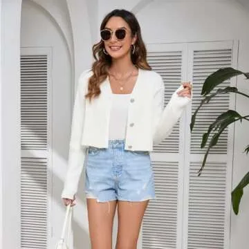 Women's Fall Cropped Cardigan Sweaters V Neck Long Sleeve Open Front Button Down Knit Sweater Tops Outerwear Coats.(Milk White,M)