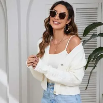 Women's Fall Cropped Cardigan Sweaters V Neck Long Sleeve Open Front Button Down Knit Sweater Tops Outerwear Coats.(Milk White,M)