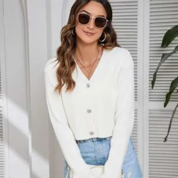 Women's Fall Cropped Cardigan Sweaters V Neck Long Sleeve Open Front Button Down Knit Sweater Tops Outerwear Coats.(Milk White,M)