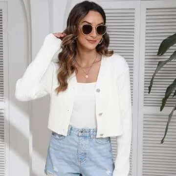 Women's Fall Cropped Cardigan Sweaters V Neck Long Sleeve Open Front Button Down Knit Sweater Tops Outerwear Coats.(Milk White,M)