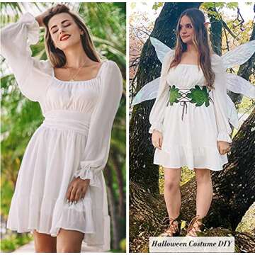 EXLURA Women Tie Back Summer Dresses Long Lantern Sleeve Square Neck Ruffle Elastic Waist Aline Casual Mini Dress