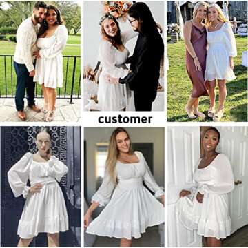 EXLURA Women Tie Back Summer Dresses Long Lantern Sleeve Square Neck Ruffle Elastic Waist Aline Casual Mini Dress