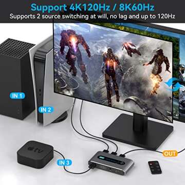 HDMI Switch 8K 3 in 1 Out HDMI 2.1 Switcher 3 Port with IR Remote Support 8K 60Hz 4K 120Hz HDCP 2.3 Ultra HD 3D for Xbox PS4 PS5 UHD TV Monitor Projector with Wire-Desktop Controller