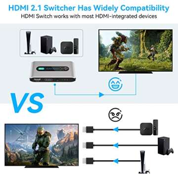 HDMI Switch 8K 3 in 1 Out HDMI 2.1 Switcher 3 Port with IR Remote Support 8K 60Hz 4K 120Hz HDCP 2.3 Ultra HD 3D for Xbox PS4 PS5 UHD TV Monitor Projector with Wire-Desktop Controller