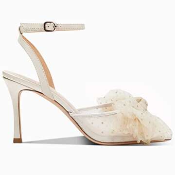 Coutgo Womens Bow Tie Heels Sandals Slingback Peep Toe Wedding Heels Mesh High Stiletto Heel Summer Cute Wedding Bridal Shoes Beige