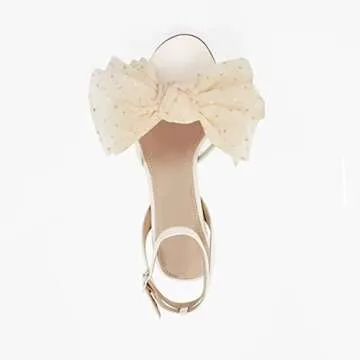 Coutgo Womens Bow Tie Heels Sandals Slingback Peep Toe Wedding Heels Mesh High Stiletto Heel Summer Cute Wedding Bridal Shoes Beige