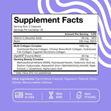 Vital Vitamins Multi Collagen Plus - with Biotin, Hyaluronic Acid, Vitamin C - Type I, II, III, V, X - for Women & Men - Hair, Skin, Nails Beauty Complex - 150 Capsules