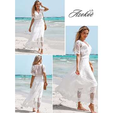 AZOKOE Women Button V Neck Short Sleeve Floral Lace Wedding Dress Bridesmaid Cocktail Party Maxi Dre...