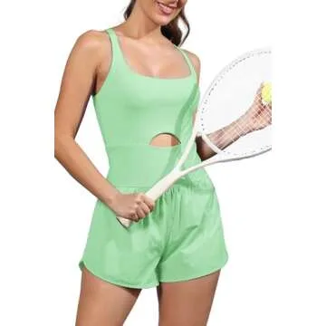 ReachMe Womens Workout Athletic Romper Running Onesie Workout One Piece Jumpsuits Gym Outfit with Pockets(Neon Lime,M)