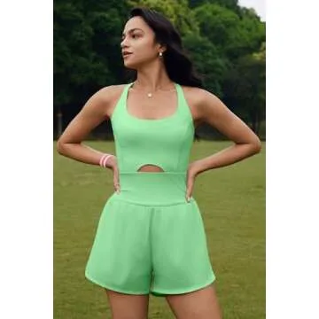 ReachMe Womens Workout Athletic Romper Running Onesie Workout One Piece Jumpsuits Gym Outfit with Pockets(Neon Lime,M)