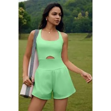 ReachMe Womens Workout Athletic Romper Running Onesie Workout One Piece Jumpsuits Gym Outfit with Pockets(Neon Lime,M)