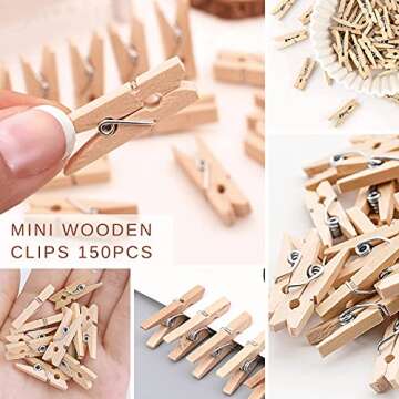 Sturdy Mini Clothes Pins for Photo, 150 Pcs 1 Inch Natural Wooden Clothespins with 33 FT Jute Twine, Small Clips for Crafts Display, Baby Shower Game, Hanging Decorative Pictures, Cocktail, Weddings