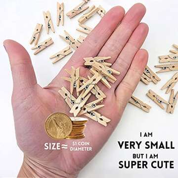 Sturdy Mini Clothes Pins for Photo, 150 Pcs 1 Inch Natural Wooden Clothespins with 33 FT Jute Twine, Small Clips for Crafts Display, Baby Shower Game, Hanging Decorative Pictures, Cocktail, Weddings