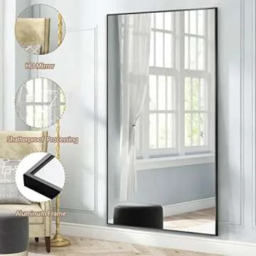 NeuType Full Length Mirror 180 x 70cm Large Full Body Mirror with Aluminium Metal Frame, Shatter Protection, Wall-Mounted Mirrors for Living Room or Dressing Room - Black,71”x27”
