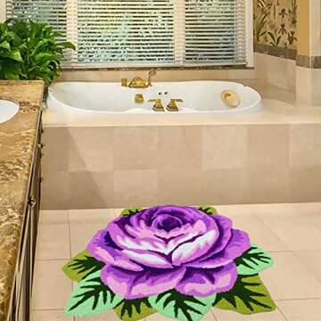 UKELER Cute Rose Bathroom Rugs Purple Non Slip Absorbent Bath Mat Shaggy Soft Flower Area Rugs for Kitchen Decoration 31.5''x23.6''