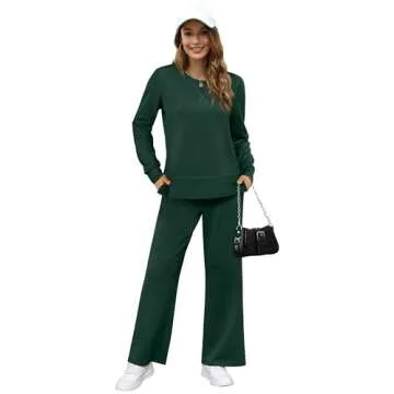 OFEEFAN Women Two Piece Outfits Casual Fall Travel Sweatsuit Winter Airport Loungewear Long Sleeve Track Suit Wide Leg Pants Matching Sweat Set Green XXL