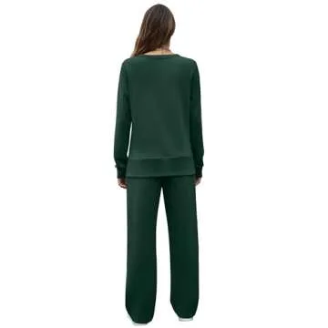 OFEEFAN Women Two Piece Outfits Casual Fall Travel Sweatsuit Winter Airport Loungewear Long Sleeve Track Suit Wide Leg Pants Matching Sweat Set Green XXL