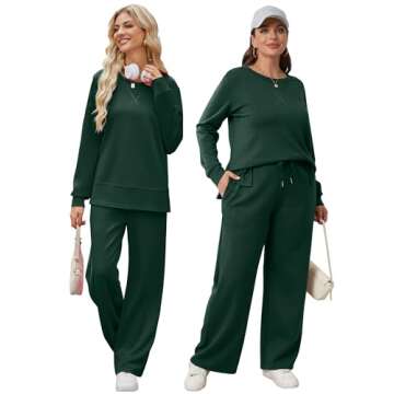 OFEEFAN Women Two Piece Outfits Casual Fall Travel Sweatsuit Winter Airport Loungewear Long Sleeve Track Suit Wide Leg Pants Matching Sweat Set Green XXL