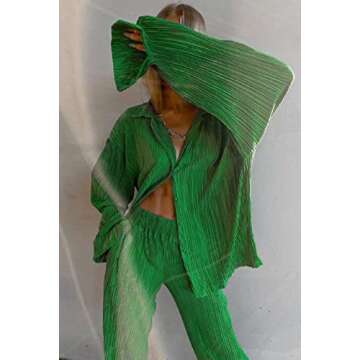 ROAONOCOMO Women 2 Piece Pants Outfits Long Sleeve Button Down Shirts High Waist Long Pants Pleated Casual Summer Loungewear