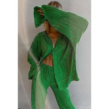 ROAONOCOMO Women 2 Piece Pants Outfits Long Sleeve Button Down Shirts High Waist Long Pants Pleated Casual Summer Loungewear