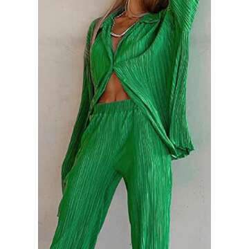 ROAONOCOMO Women 2 Piece Pants Outfits Long Sleeve Button Down Shirts High Waist Long Pants Pleated Casual Summer Loungewear
