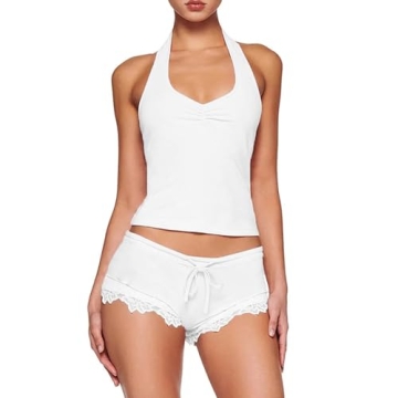 RUEWEY Women’s Lace Trim Pajama Set for Comfort