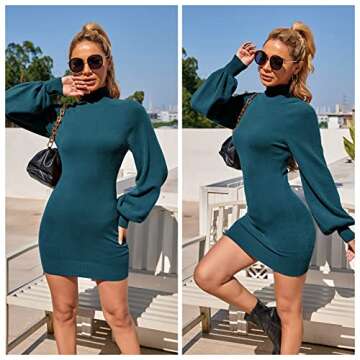 EXLURA Womens Mock Neck Puff Long Sleeve Bodycon Pullover Cute Mini Sweater Dress Dark Blue