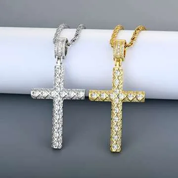 STARCHENIE Men's Cross Necklace Brass Gold Plating Pendant Cubic Zirconia Crucifix Jewelry 24'' Rope Chain-B:Gold