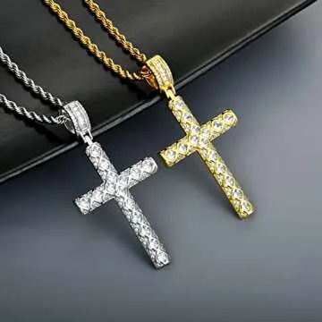 STARCHENIE Men's Cross Necklace Brass Gold Plating Pendant Cubic Zirconia Crucifix Jewelry 24'' Rope Chain-B:Gold