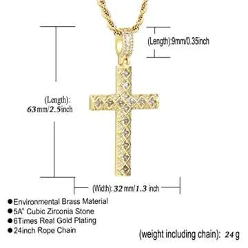 STARCHENIE Men's Cross Necklace Brass Gold Plating Pendant Cubic Zirconia Crucifix Jewelry 24'' Rope Chain-B:Gold