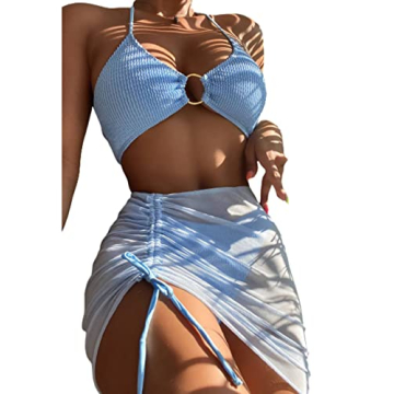 3 Piece Halter Ring Bikini Set with Cover-Up