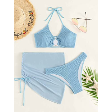 3 Piece Halter Ring Bikini Set with Cover-Up