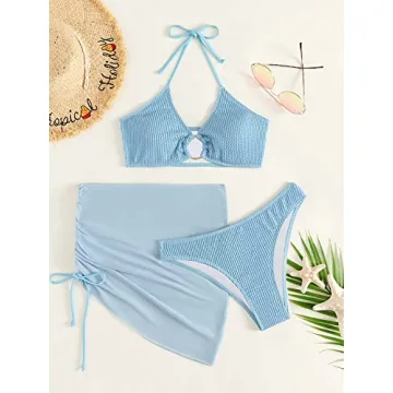 3 Piece Halter Ring Bikini Set with Cover-Up