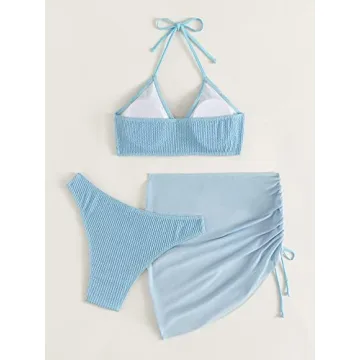 3 Piece Halter Ring Bikini Set with Cover-Up