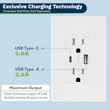 TOPGREENER USB Outlet, Type C & Type A USB Wall Charger Outlet, 15 Amp TR Receptacle Plug, Charging Power Outlet with USB Ports, Wall Plate Included, UL Listed, TU21536AC-W-6PCS, White, 6 Pack