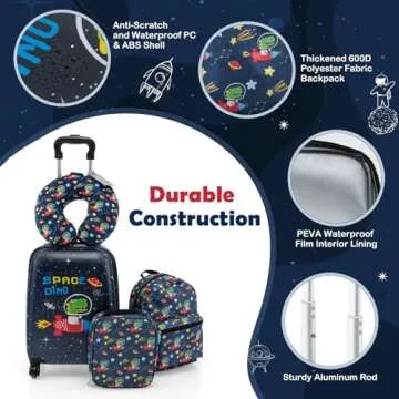 Goplus 5 Piece Kid’s Luggage Set, 16” Carry on Suitcase w/13” Backpack, Neck Pillow, Hardside Spinner Toddler Luggage, Travel Rolling Suitcase for Boys Girls Gifts (Navy, Space Dino)