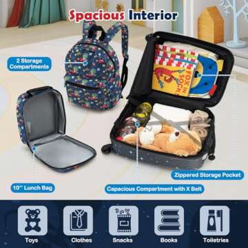 Goplus 5 Piece Kid’s Luggage Set, 16” Carry on Suitcase w/13” Backpack, Neck Pillow, Hardside Spinner Toddler Luggage, Travel Rolling Suitcase for Boys Girls Gifts (Navy, Space Dino)