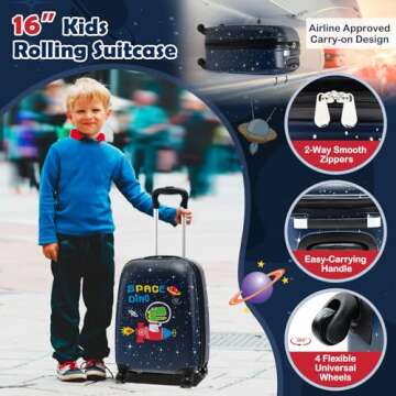 Goplus 5 Piece Kid’s Luggage Set, 16” Carry on Suitcase w/13” Backpack, Neck Pillow, Hardside Spinner Toddler Luggage, Travel Rolling Suitcase for Boys Girls Gifts (Navy, Space Dino)
