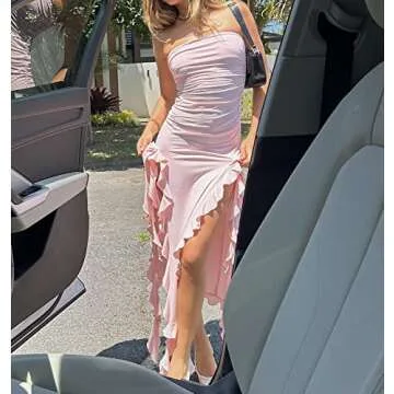 SOLILOQUY Women Y2K Strapless Tube Mini Dress Summer 2000s Aesthetic Off Shoulder Hollow Out Backless Bodycon A Line Dresses, K-pink Slit Tube Dress