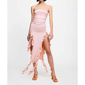 SOLILOQUY Women Y2K Strapless Tube Mini Dress Summer 2000s Aesthetic Off Shoulder Hollow Out Backless Bodycon A Line Dresses, K-pink Slit Tube Dress