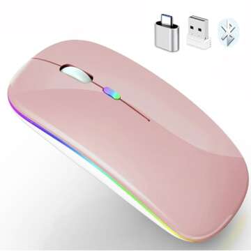 PEIBO Wireless Bluetooth Mouse, 7-Color LED, Built-in Battery, Ergonomic Design, Compatible with iPa...